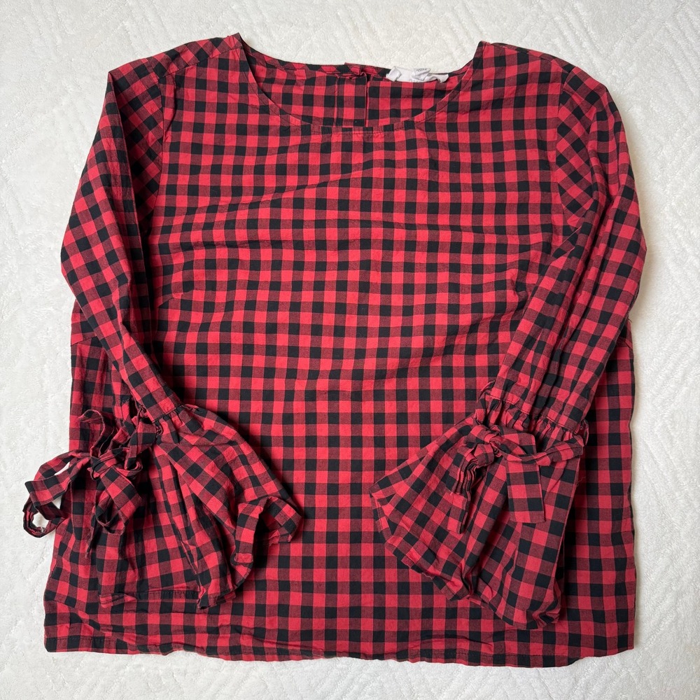 Buffalo Plaid Bell Sleeve Jack by BB Dakota M Red Black Gingham Blouse